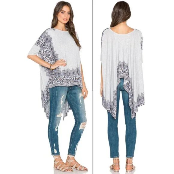 Free People Pick Me Up Tee Gray Boho Asymmetrical Paisley Print Top Size S - Picture 3 of 8